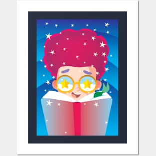 boy with red hair and stars on glasses reads a book Posters and Art